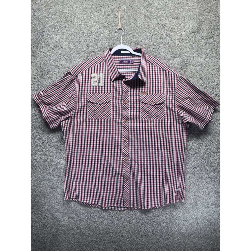 AKOO 21 Button‎ Up Plaid Short Sleeve Shirt Men's 4XL 56in Red Blue Embroidered